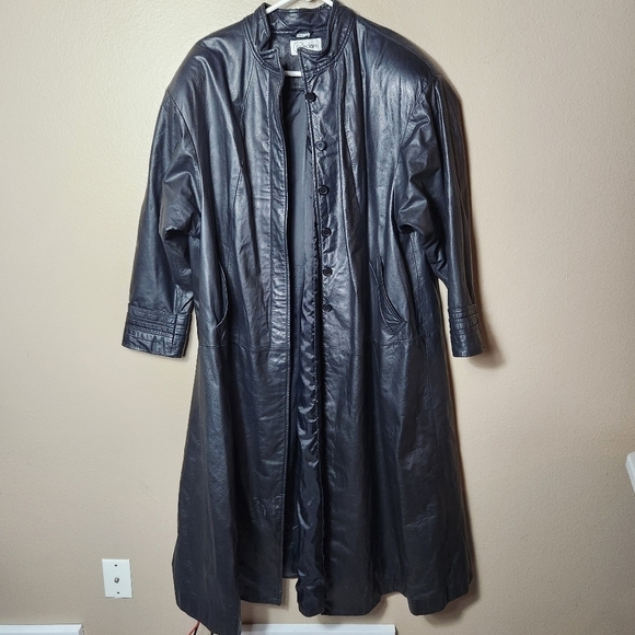 Vintage Cedar Womens Black Genuine Leather Buttonfront Full Length Coat-Size M